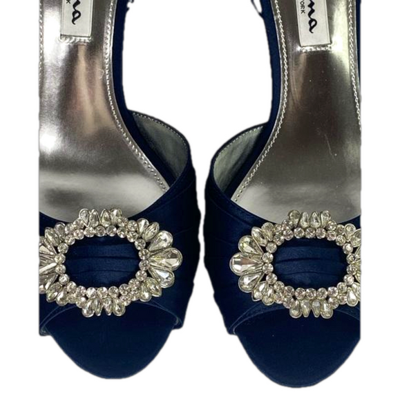 NINA CORRINE NAVY SATIN JEWELED MID-HEEL D'ORSAY CLASSIC EVENING PUMP SKU0779 - Picture 6 of 14